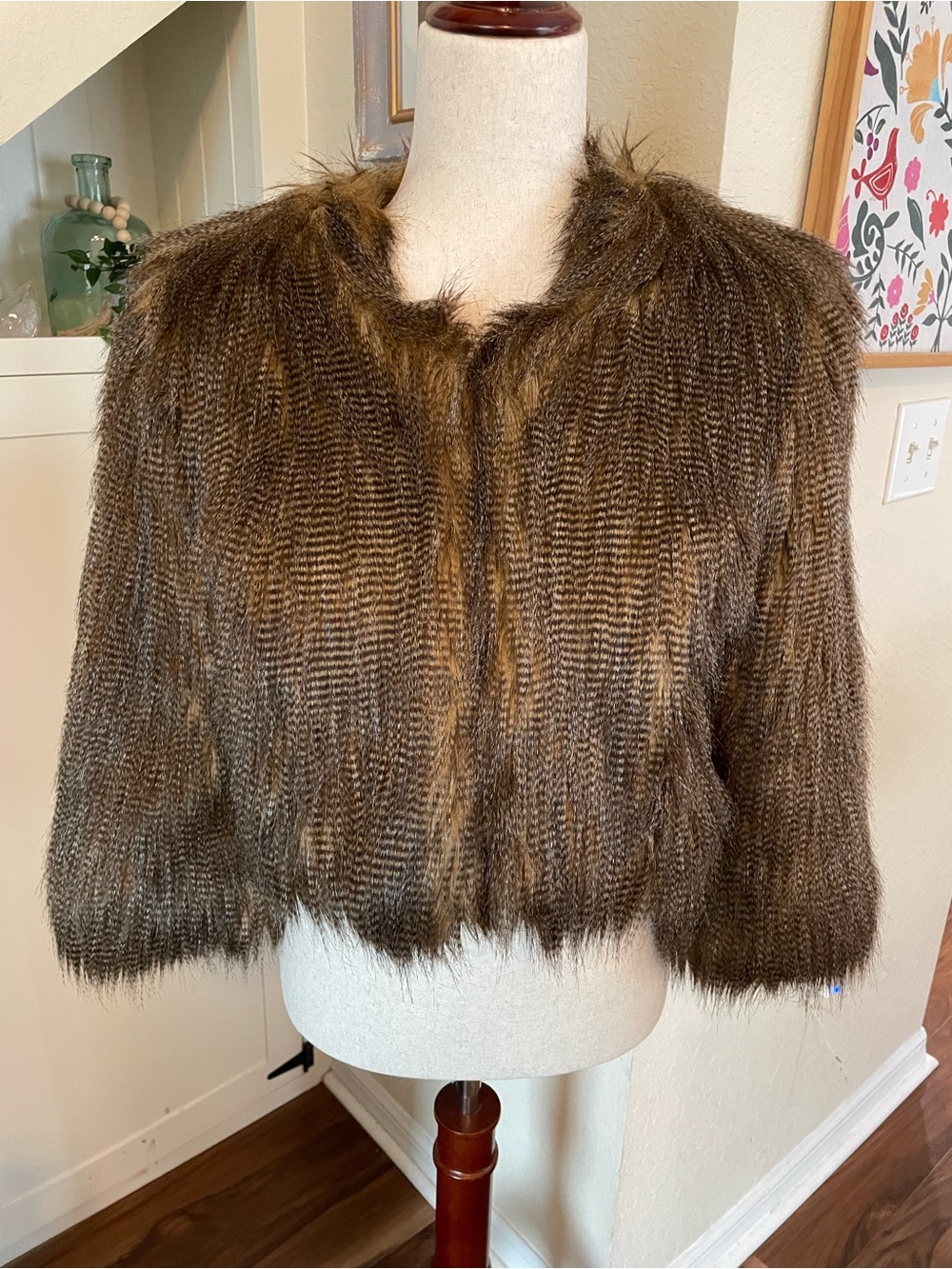 INC International Concepts Brown Faux Fur Cropped Jacket